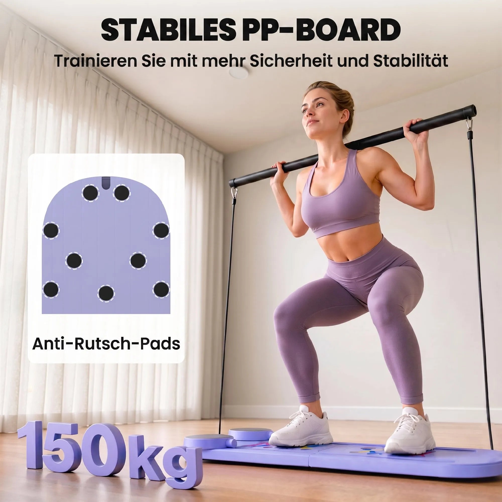 Moteris atlieka pritūpimus su lazda ant Pilates treniruoklio