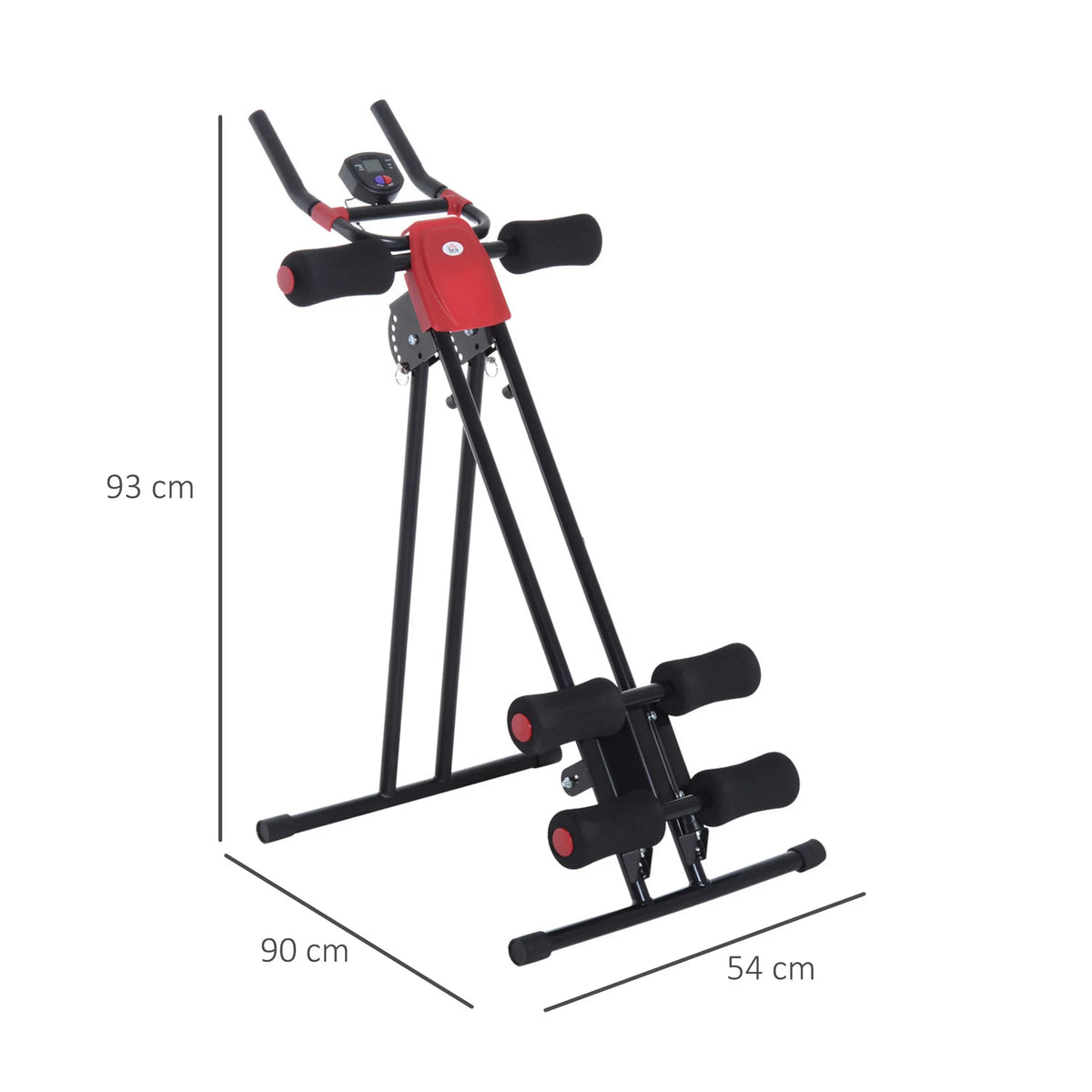 Schema su treniruoklio matmenimis: 93 cm aukštis, 90 cm ir 54 cm pagrindas