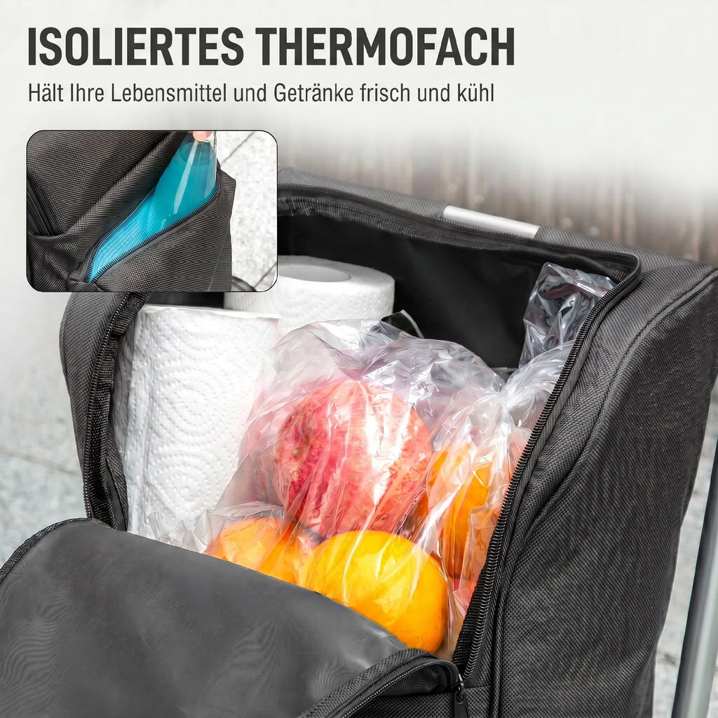 Pirkinių krepšys su ratukais, 46 l, sulankstomas su termo skyriumi, tamsiai pilkas