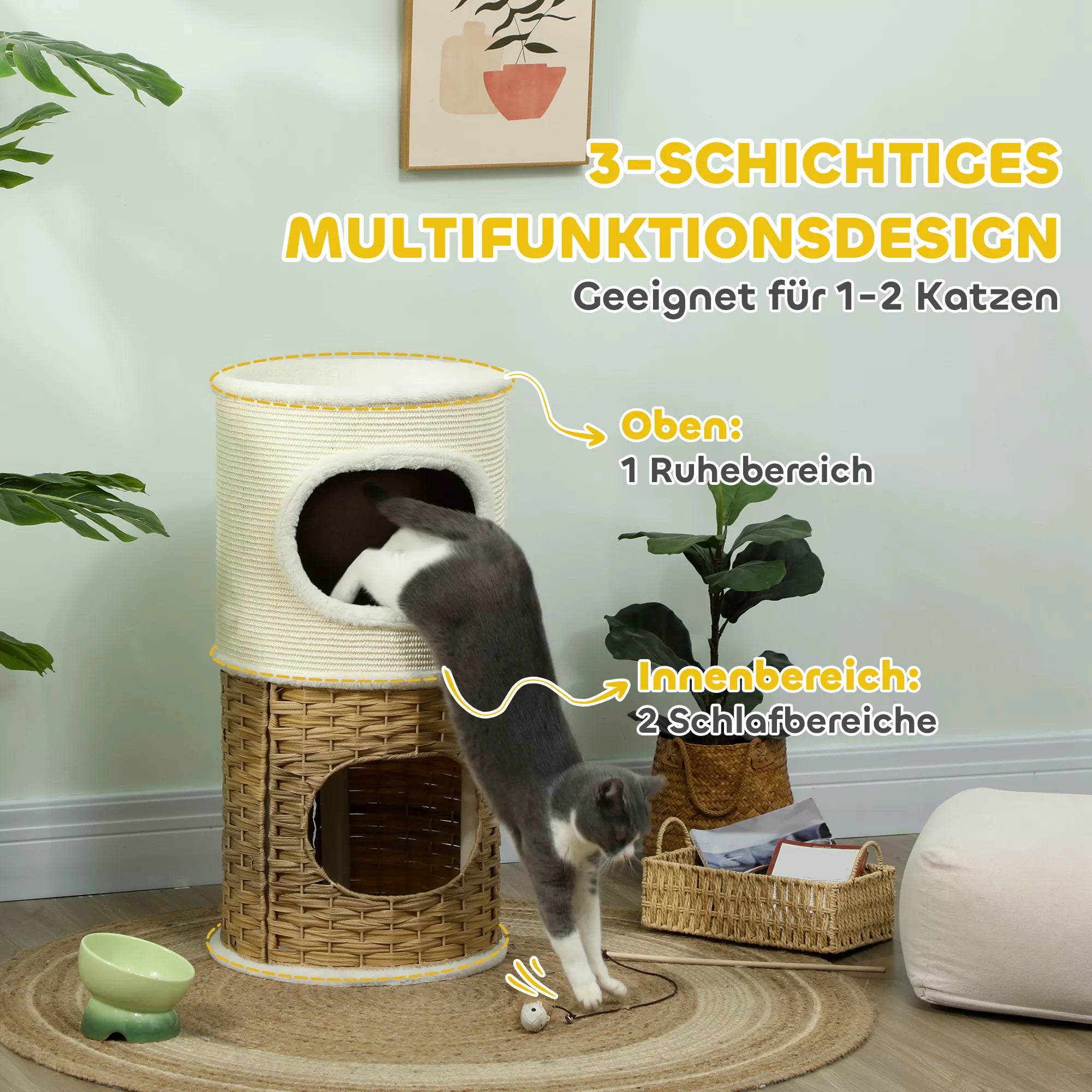 Kratztonne 80 cm aukščio Ø 40 cm trijų aukštų katės statinė su pliušiniu kraštu, katės urvas kreminės baltos spalvos
