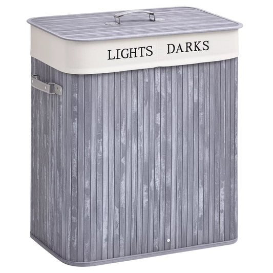 Bambukinė skalbinių dėžė su dangčiu, 100 L, skalbinių surinktuvas su PU rankenomis, drobinis skalbinių maišas, skalbinių tvarkytuvas skalbyklai, miegamajam, vonios kambariui, pilka