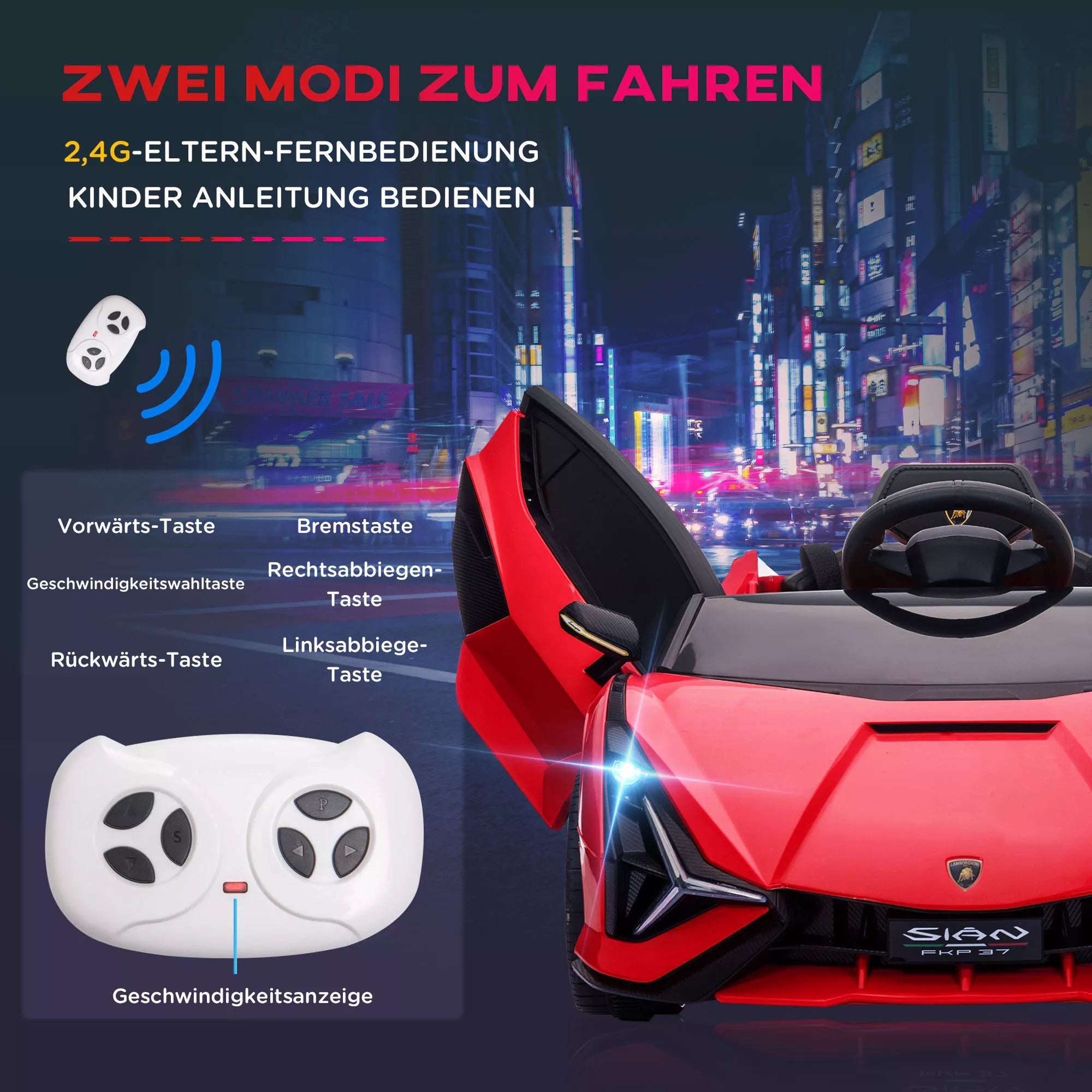 Vaikų transporto priemonė 12 V 2 važiavimo režimai Lamborghini SIAN SUV automobilio žaislas Elektrinis automobilis su nuotolinio valdymo pultu Muzika (MP3/USB) Apšvietimas 37–60 mėnesių Metalo Raudona 108 x 62 x 40 cm