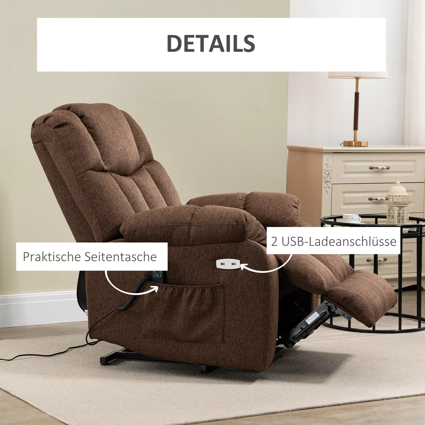 Pakeliamoji kėdė su gulėjimo funkcija ir nuotolinio valdymo pulteliu, 92 x 95 x 107 cm, ruda