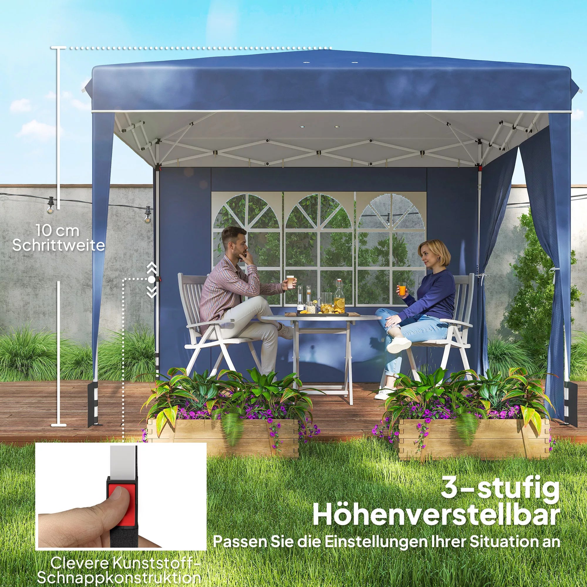 Paviljonas 3 x 3 m, atsparus vandeniui, reguliuojamo aukščio, išskleidžiamas, su 2 šoniniais elementais, UV 50+, sulankstomas, tamsiai mėlynos spalvos