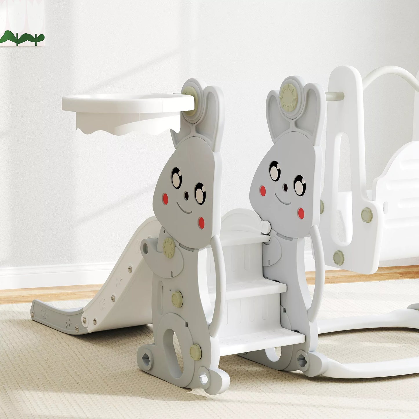 4-in-1 žaidimų rinkinys mažyliams, čiuožykla, supynės, laipiojimo aikštelė, krepšinio lankas, plastikas, triušio dizainas, pilkas