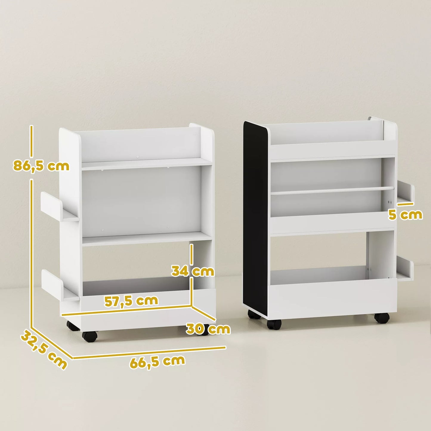 Vaikiška knygų lentyna su piešimo lenta ir ratukais, lentyna su daiktų skyriumi, medis 66,5 x 32,5 x 86,5 cm, balta