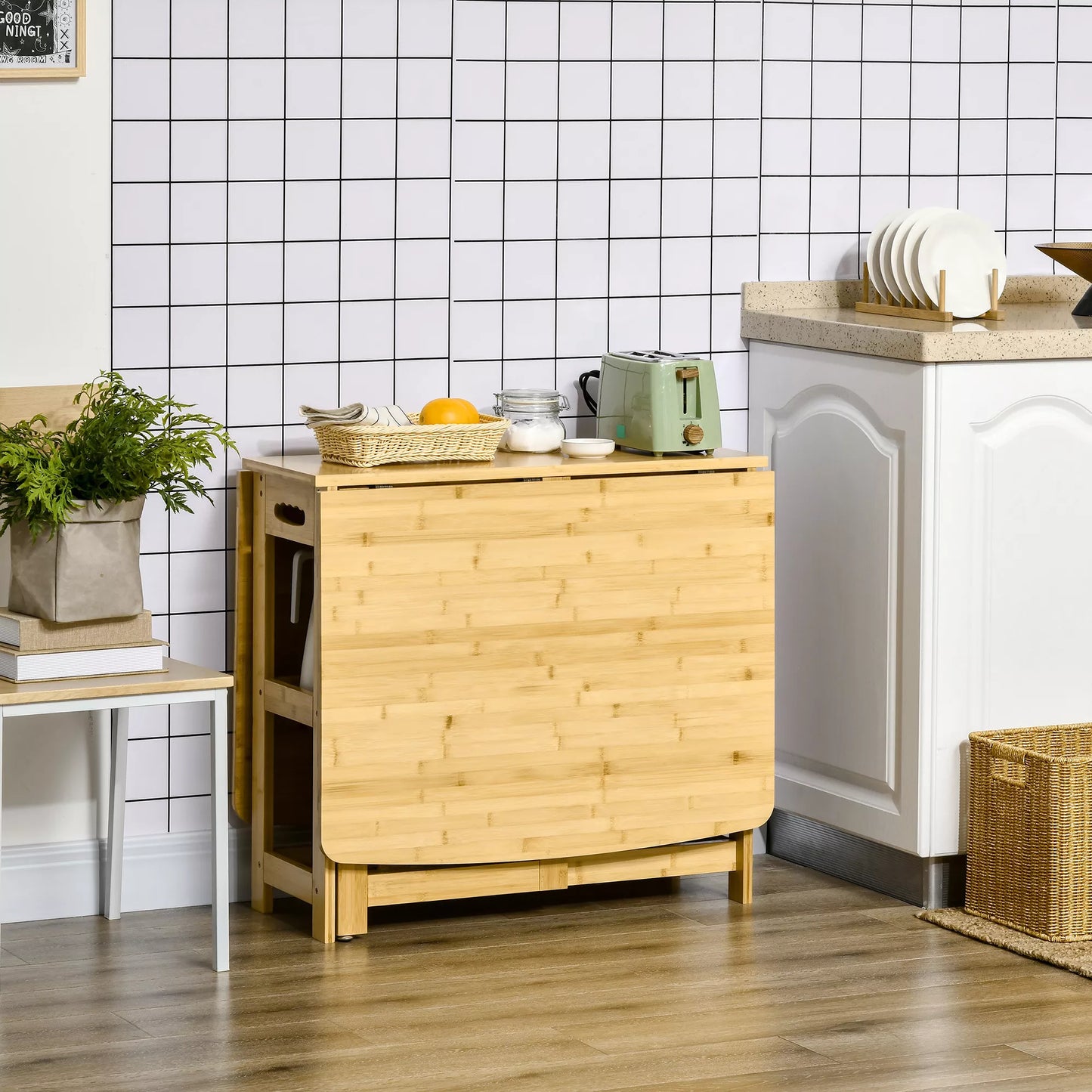 Sulankstomas valgomojo stalas, dvi sulankstomos pusės, dvi lentynos, reguliuojamos kojelės, bambukas, 149,5 x 80 x 73,5cm