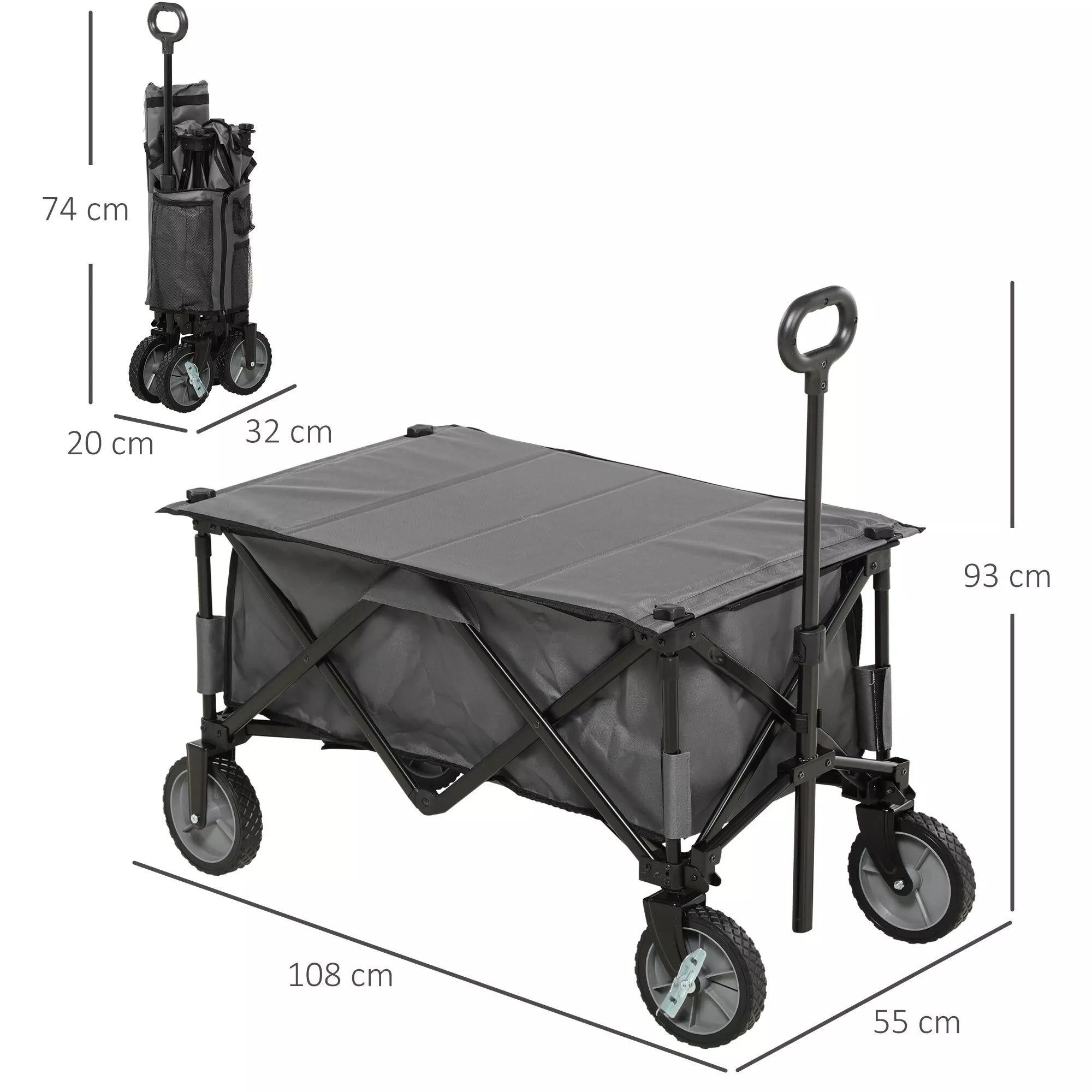 Sulankstomas vežimėlis, 5 šoninės kišenės, reguliuojama rankena, iki 120 kg, plienas, tamsiai pilkos spalvos, 100 x 55 x 93 cm