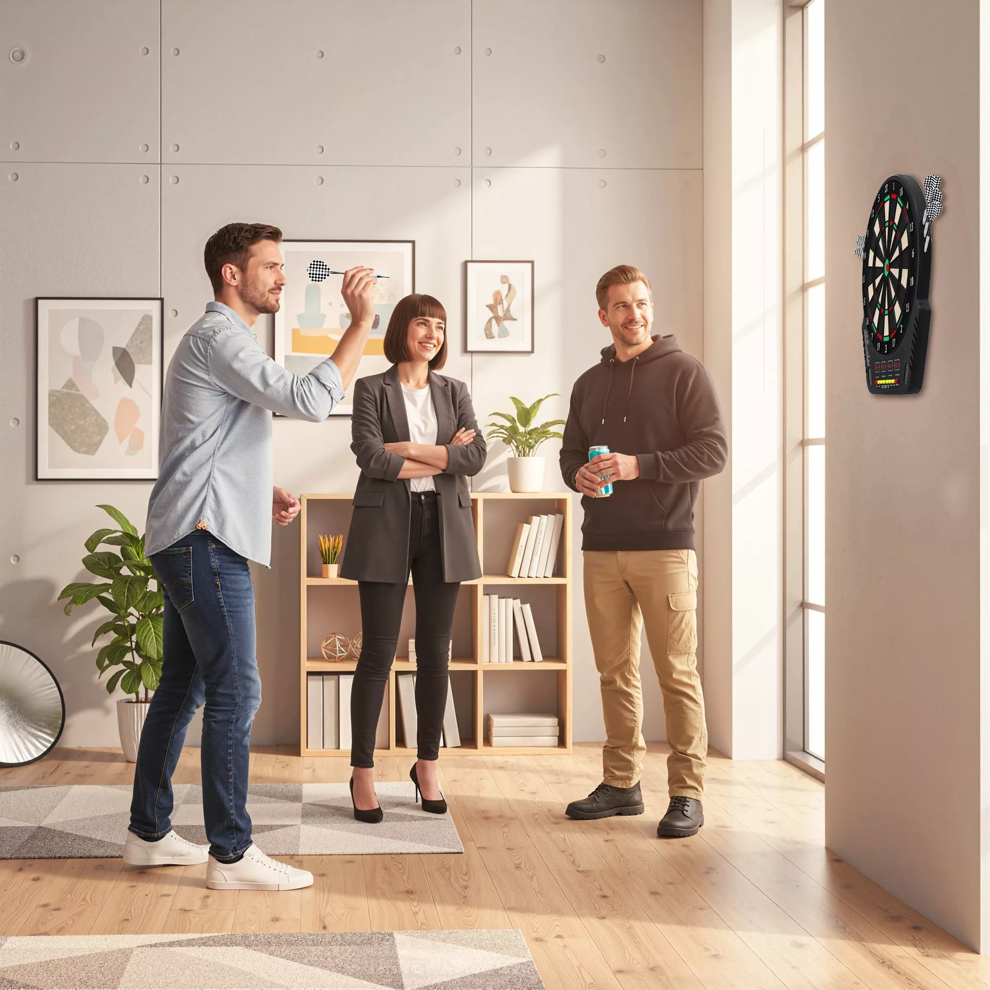 Elektroninė smiginio lenta (dartboard) – smiginio rinkinys su LED ekranu, automatiniu taškų skaičiavimu, garso efektais, 6 strėlytėmis, 24 antgaliais, 27 žaidimais ir 243 taškų rinkimo variantais, 16 žaidėjų, 44 x 51,5 x 3,2 cm