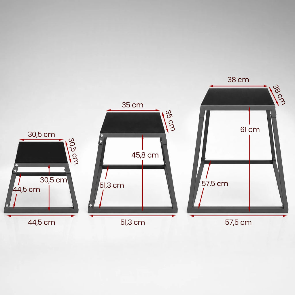 Pliometrinių šuolių dėžių komplektas, 3 vnt., 30,5/45,8/61 cm, iki 200 kg