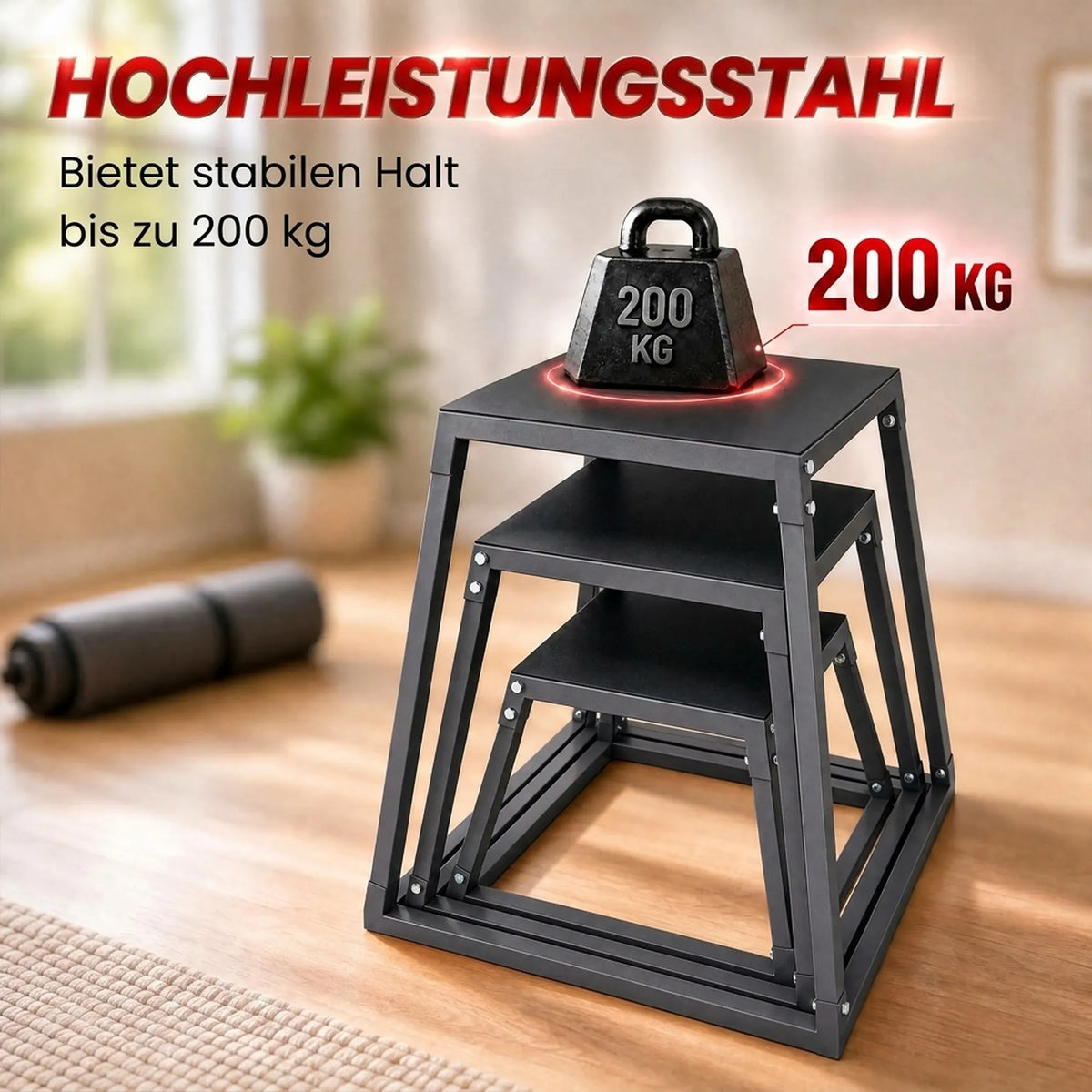 Pliometrinių šuolių dėžių komplektas, 3 vnt., 30,5/45,8/61 cm, iki 200 kg