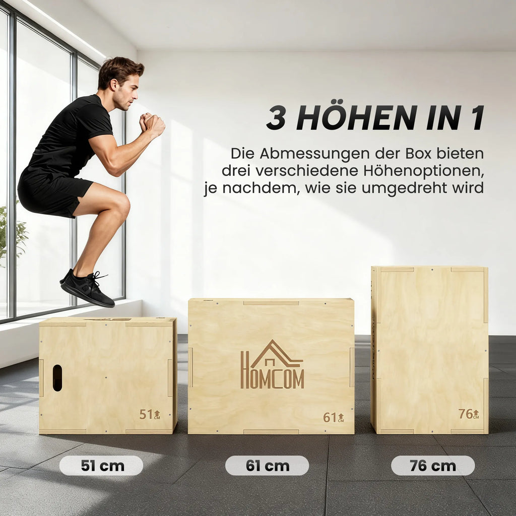 Plyo box batutas 3-in-1, reguliuojamas, iki 120 kg, natūralaus medžio