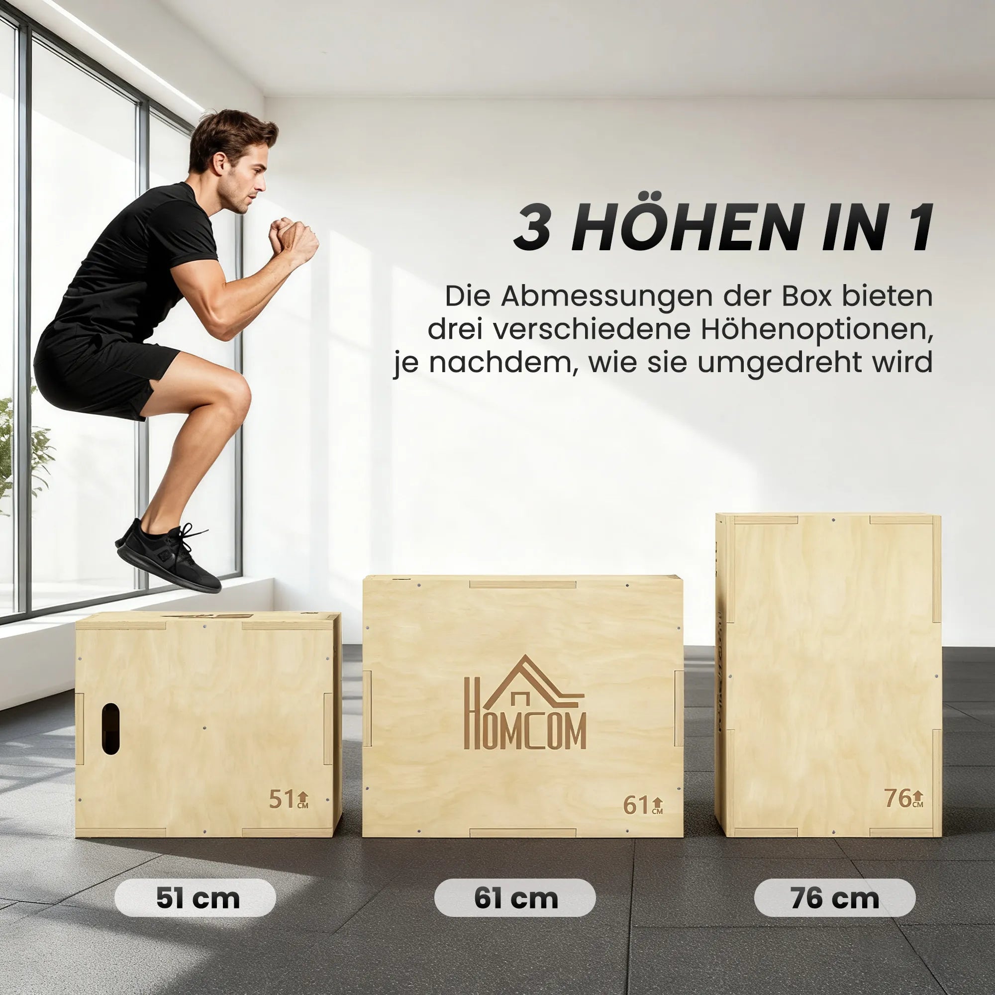 Plyo box batutas 3-in-1, reguliuojamas, iki 120 kg, natūralaus medžio