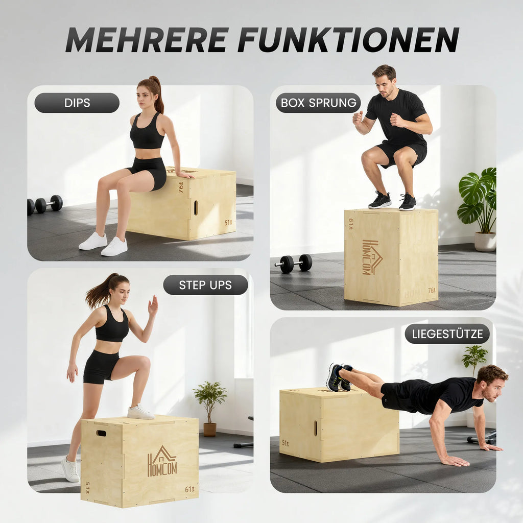 Plyo box batutas 3-in-1, reguliuojamas, iki 120 kg, natūralaus medžio