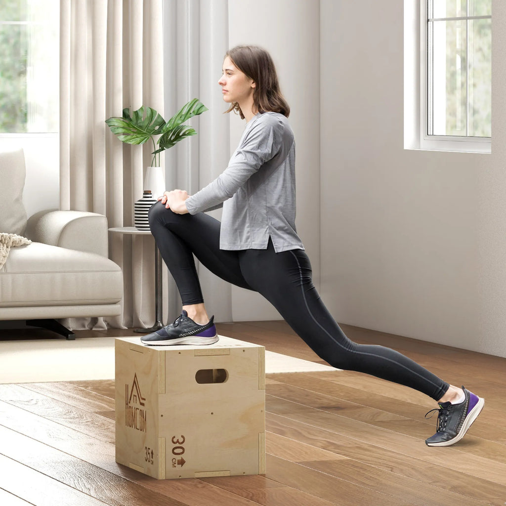 Plyo box treniruočių dėžė, medinė, 3 aukščiai, 40,5 x 35,5 x 30,5 cm, medžio spalvos