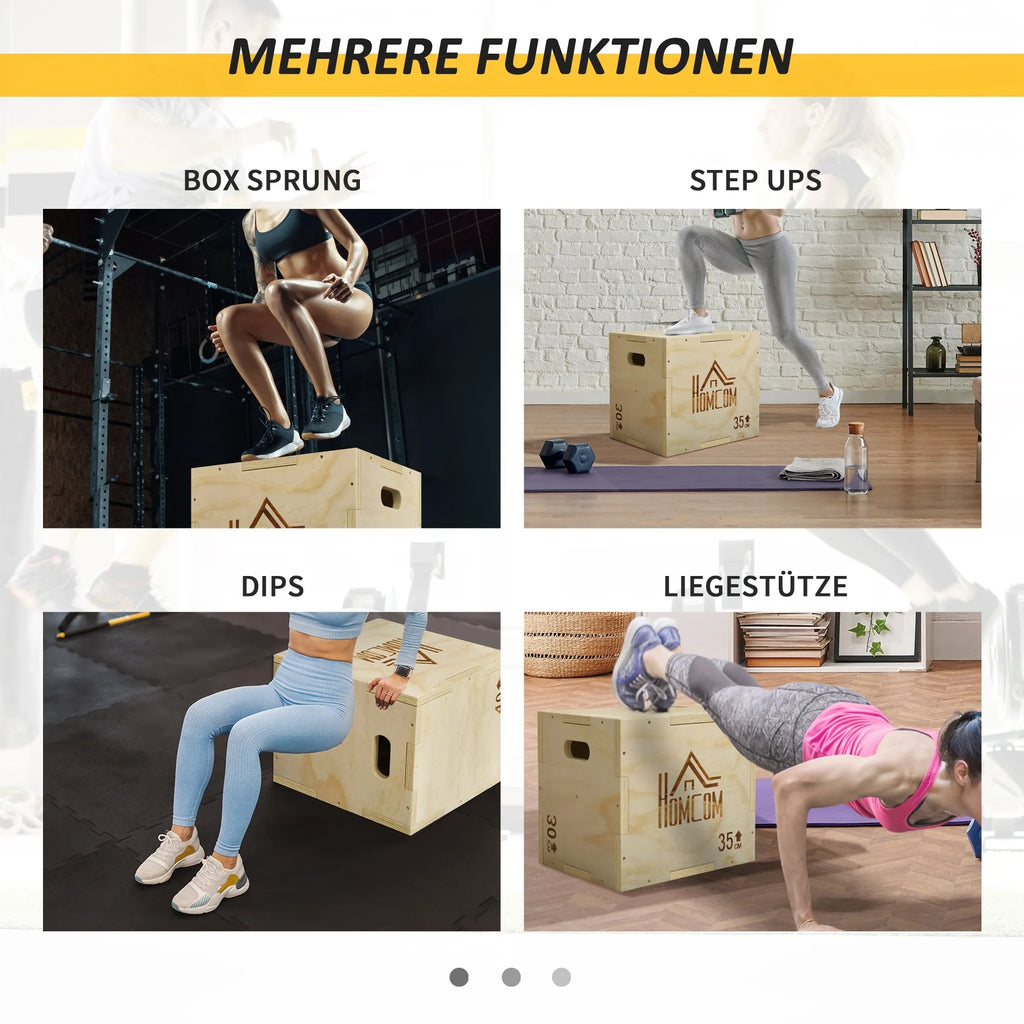 Plyo box treniruočių dėžė, medinė, 3 aukščiai, 40,5 x 35,5 x 30,5 cm, medžio spalvos