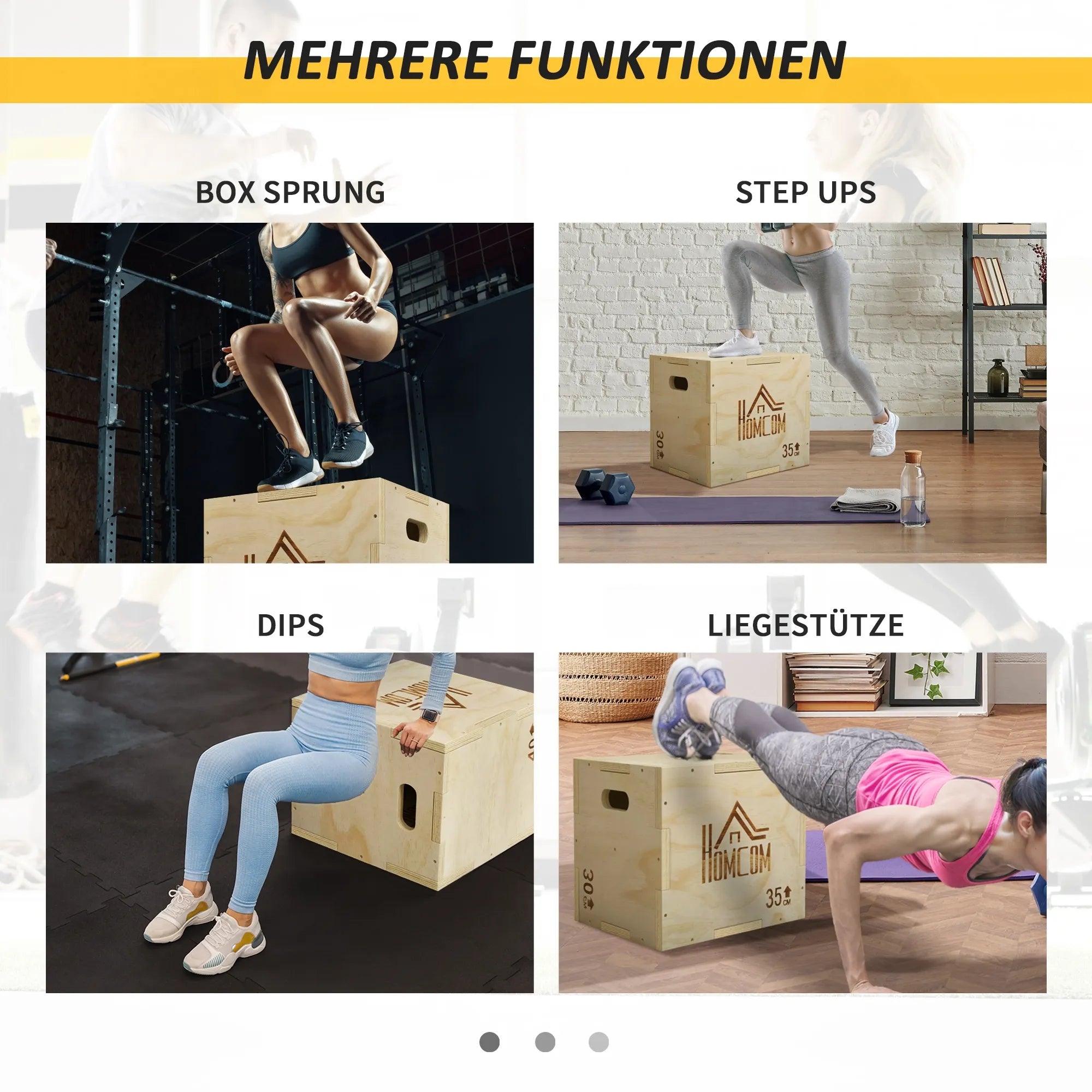 Plyo box treniruočių dėžė, medinė, 3 aukščiai, 40,5 x 35,5 x 30,5 cm, medžio spalvos