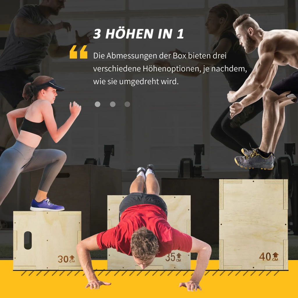 Plyo box treniruočių dėžė, medinė, 3 aukščiai, 40,5 x 35,5 x 30,5 cm, medžio spalvos