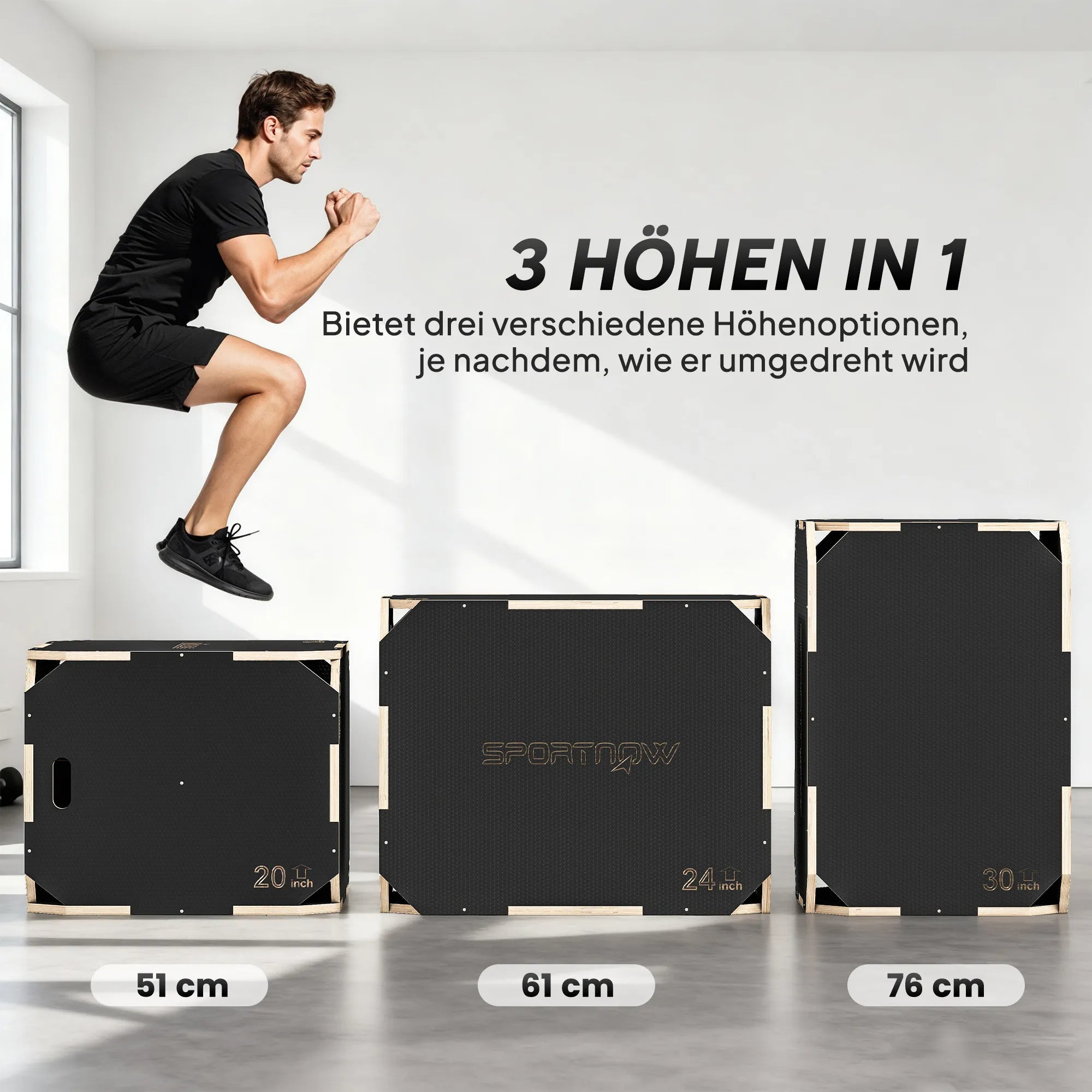 Plyo dėžė 3-in-1 treniruokliams, reguliuojamo aukščio, iki 120 kg, juoda
