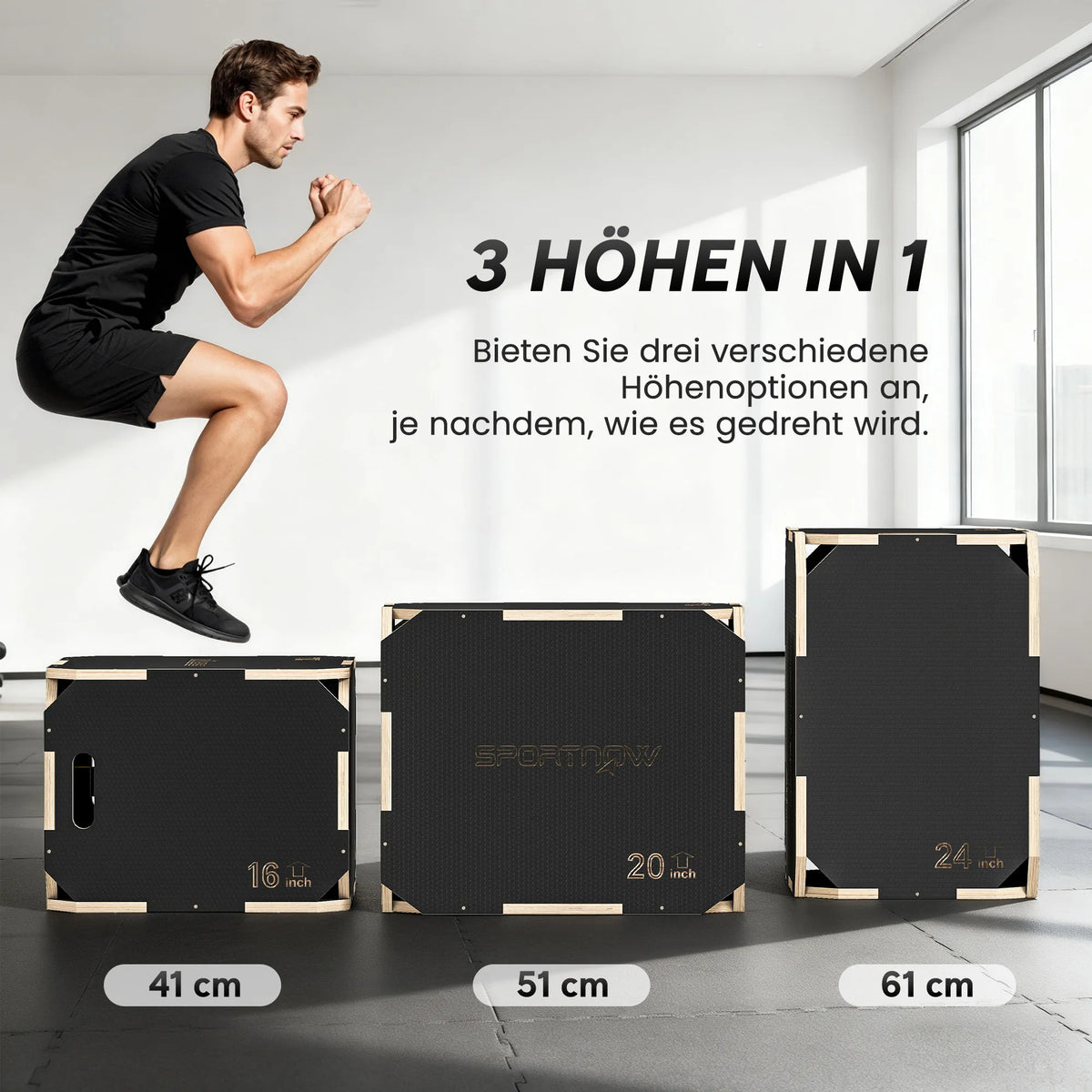 Plyo šokinėjimo dėžė 3-in-1, reguliuojama treniruočių dėžė iki 120 kg, juoda