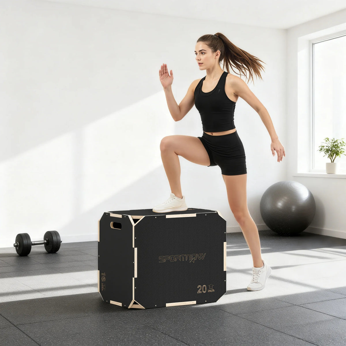 Plyo šokinėjimo dėžė 3-in-1, reguliuojama treniruočių dėžė iki 120 kg, juoda