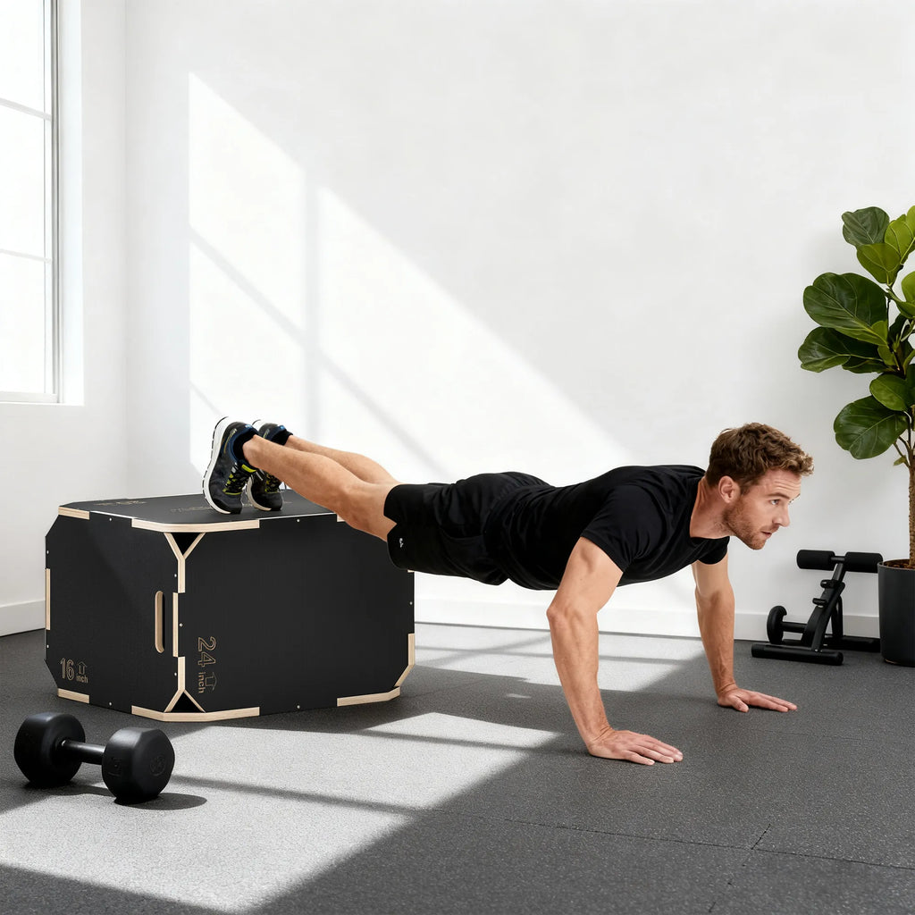 Plyo šokinėjimo dėžė 3-in-1, reguliuojama treniruočių dėžė iki 120 kg, juoda