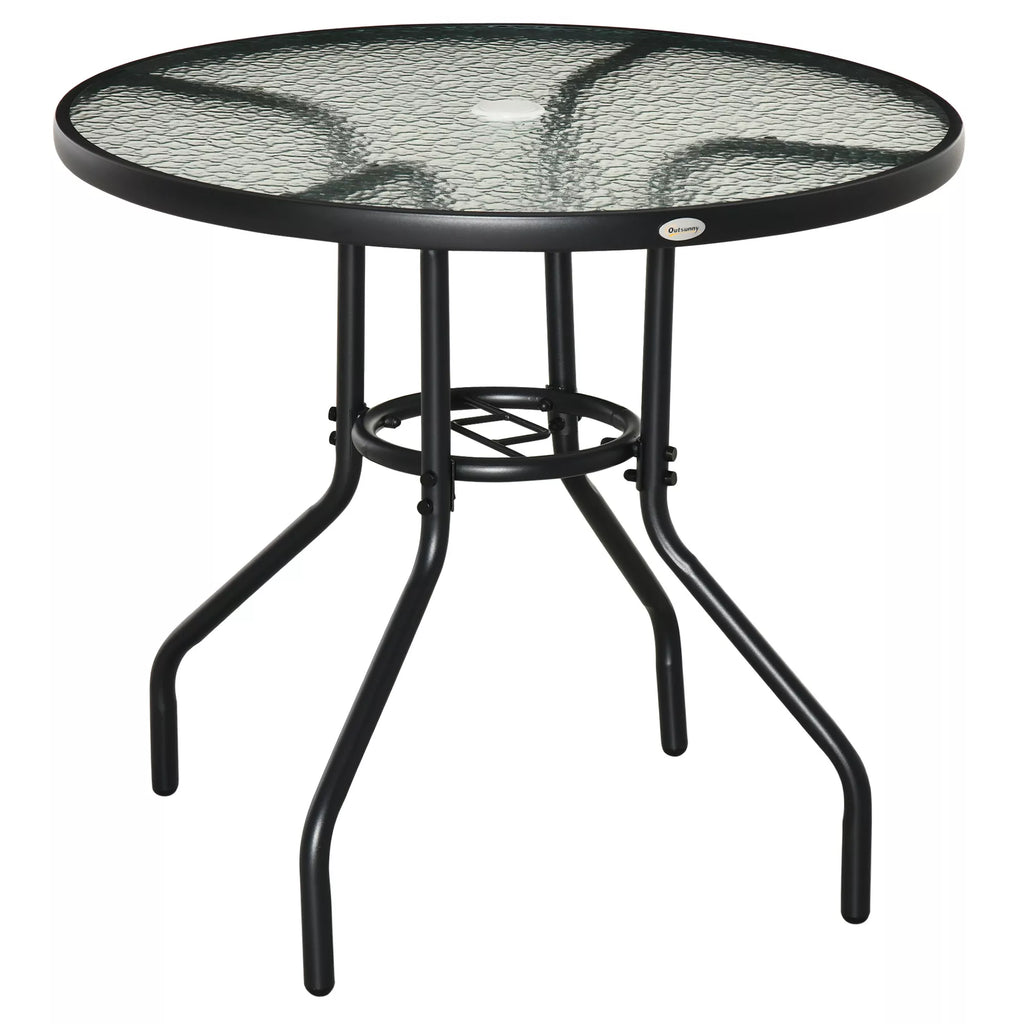Sodo stalas Sodo pagalbinis stalas Sodo baldai Balkono stalas Bistro stalas su skėčio skyle Kietas stiklas + metalas Juodas Ø80 x 72 cm