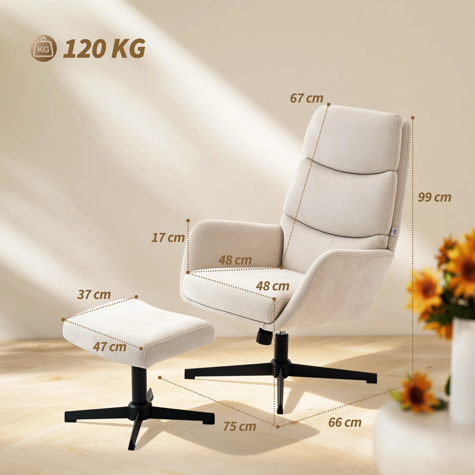 Poilsio fotelis su pakoja, ergonomiškas su supimosi funkcija, iki 120 kg, smėlio spalvos