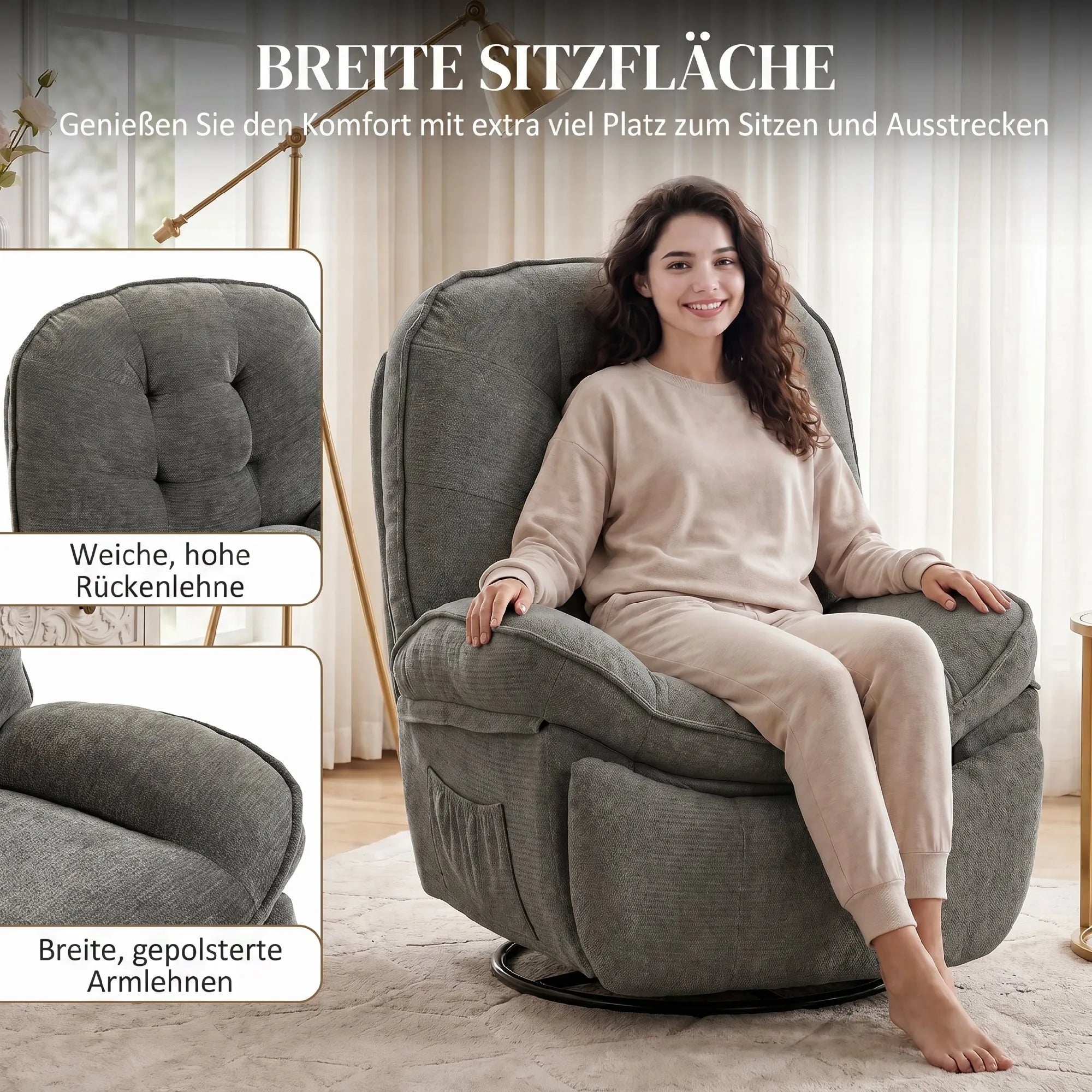 Plati sėdynė: moteris sėdi sukryžiavusi kojas, šone – atlošo ir porankių detalės