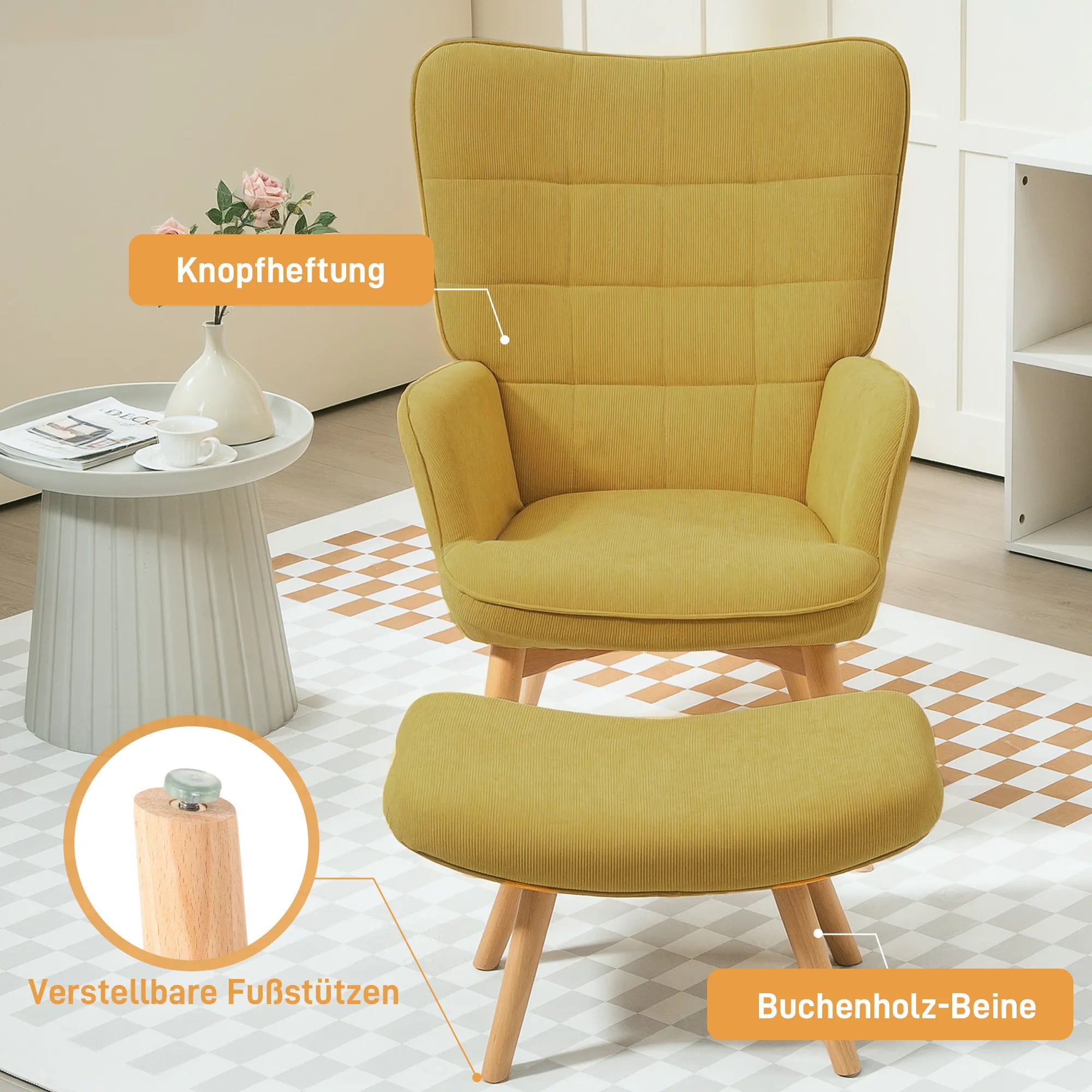 Poilsio krėslas su pufu, veliūrinis fotelis su medinėmis kojelėmis, oranžinis