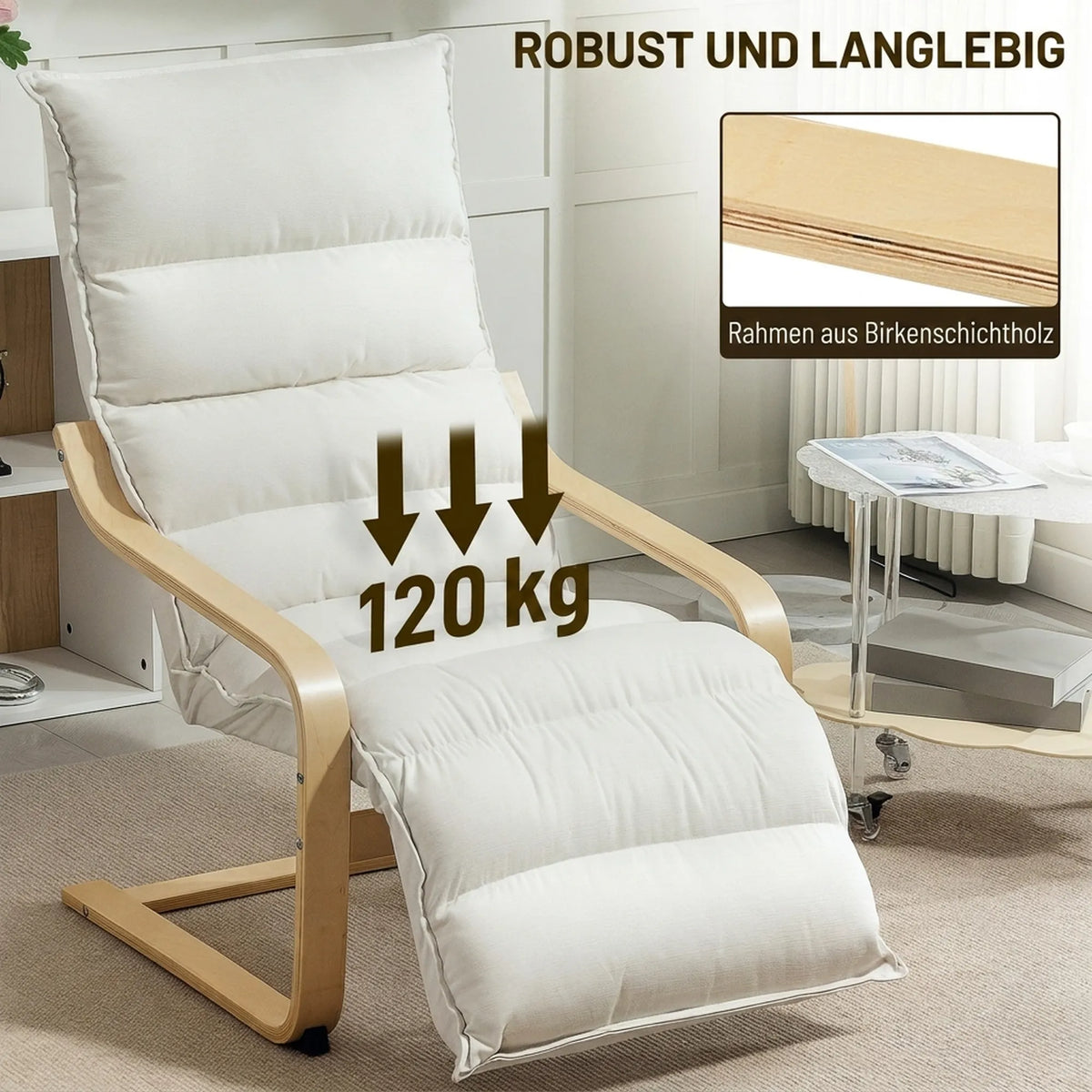 Poilsio krėslas su reguliuojama kojų atrama, iki 120 kg, kreminės spalvos