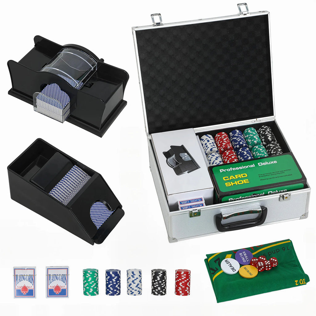 Pokerio rinkinys, 300 žetonų, kauliukai, 2 kortų kaladės, priedai, lagaminas, 8 žaidėjams