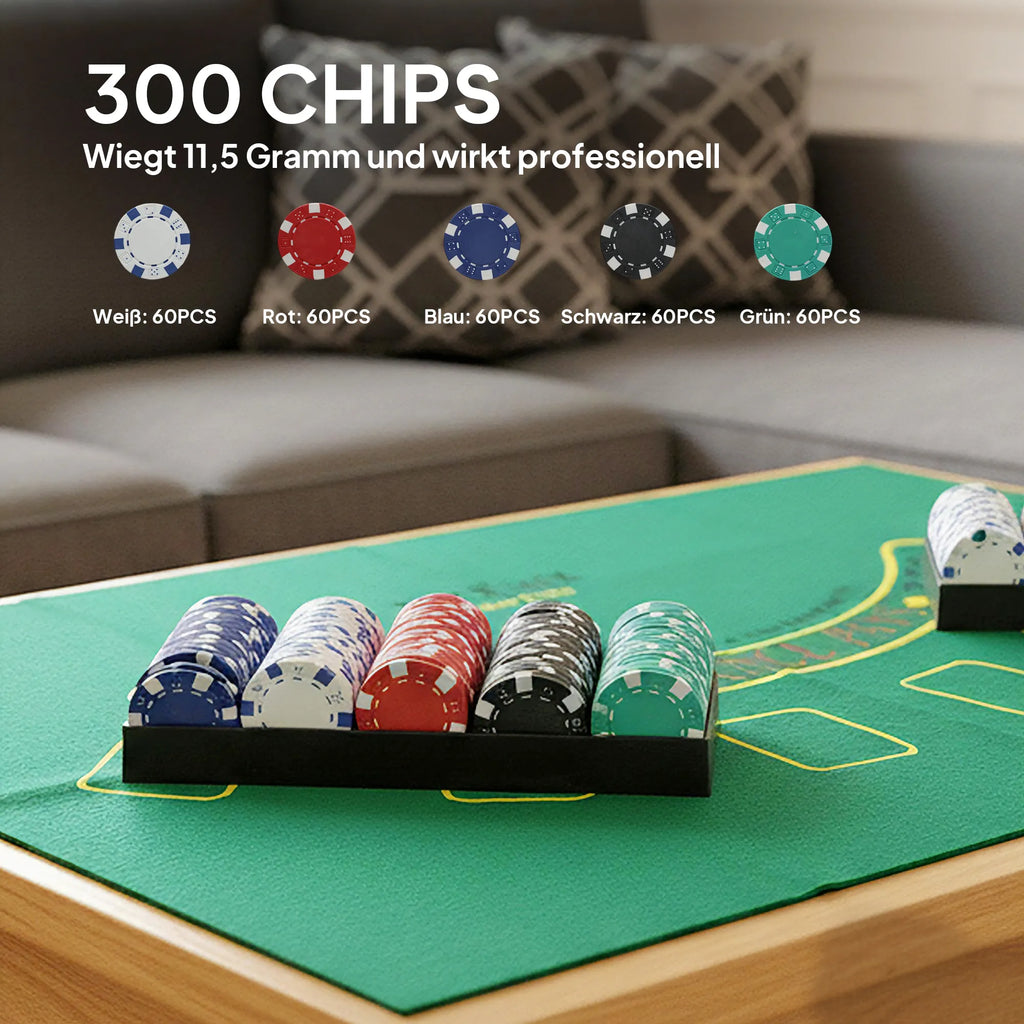 Pokerio rinkinys, 300 žetonų, kauliukai, 2 kortų kaladės, priedai, lagaminas, 8 žaidėjams