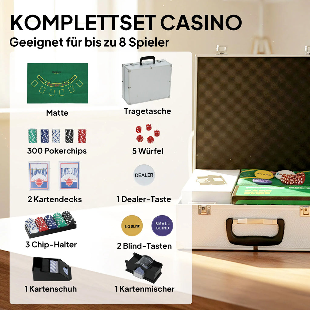Pokerio rinkinys, 300 žetonų, kauliukai, 2 kortų kaladės, priedai, lagaminas, 8 žaidėjams