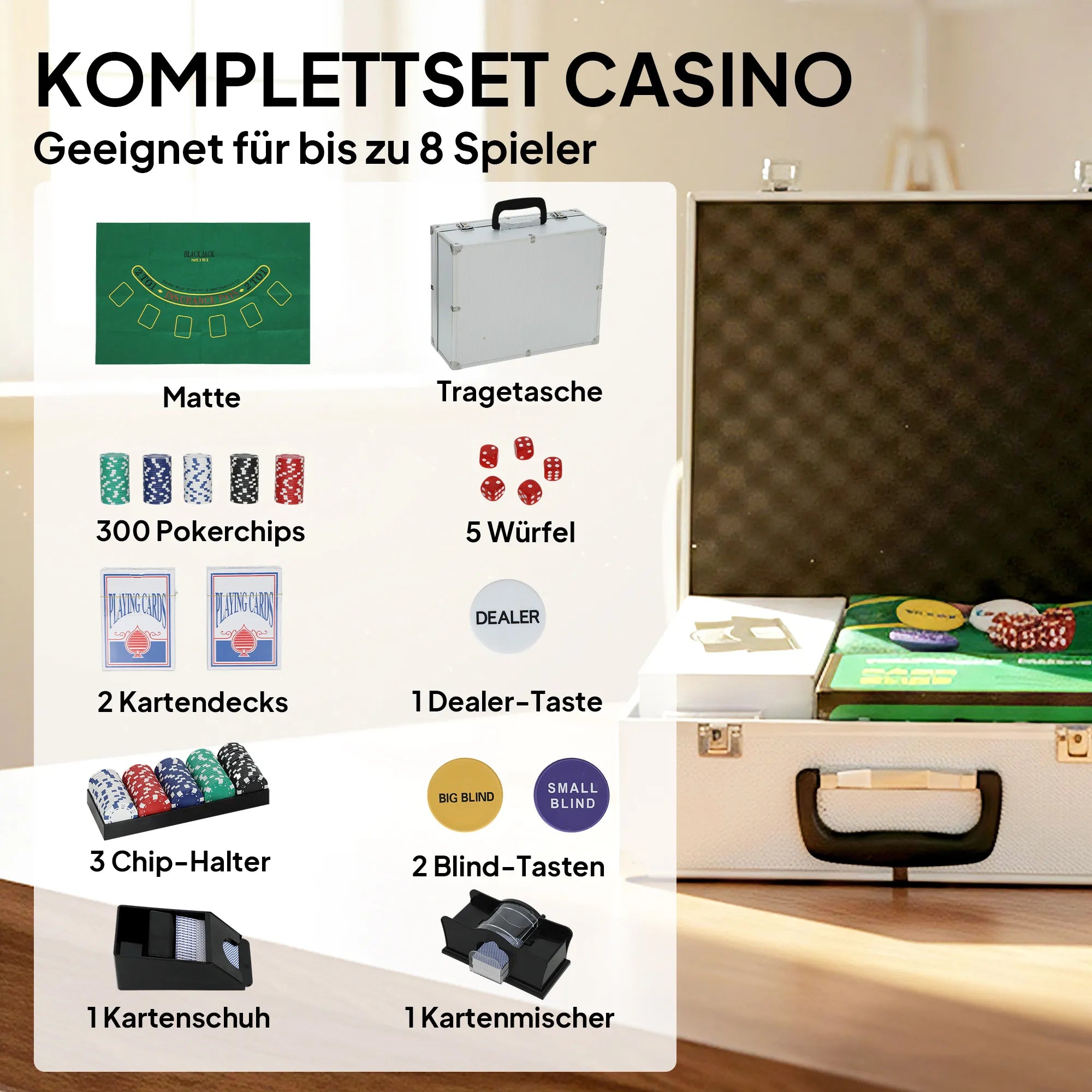 Pokerio rinkinys, 300 žetonų, kauliukai, 2 kortų kaladės, priedai, lagaminas, 8 žaidėjams