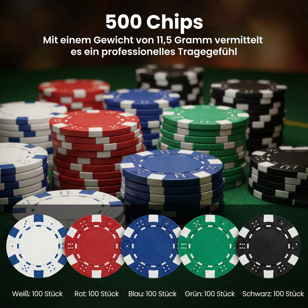Pokerio rinkinys, 500 žetonų, 2 kortų kaladės, su lagaminu, 10 žaidėjų
