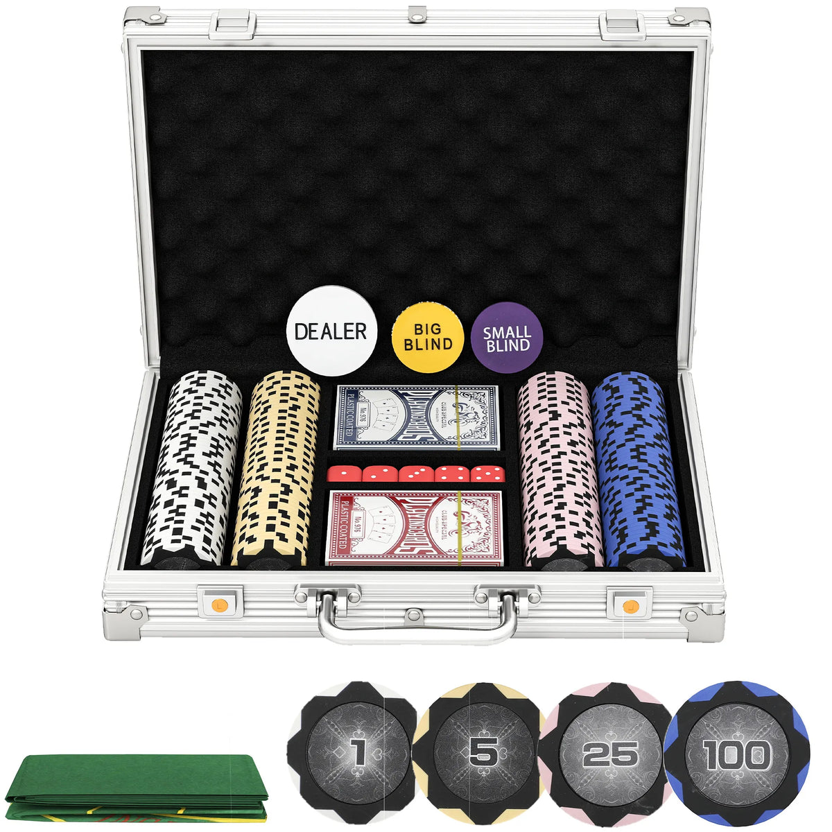 Pokerio rinkinys lagamine su kortomis ir žetonais, 200 vnt., sidabrinis