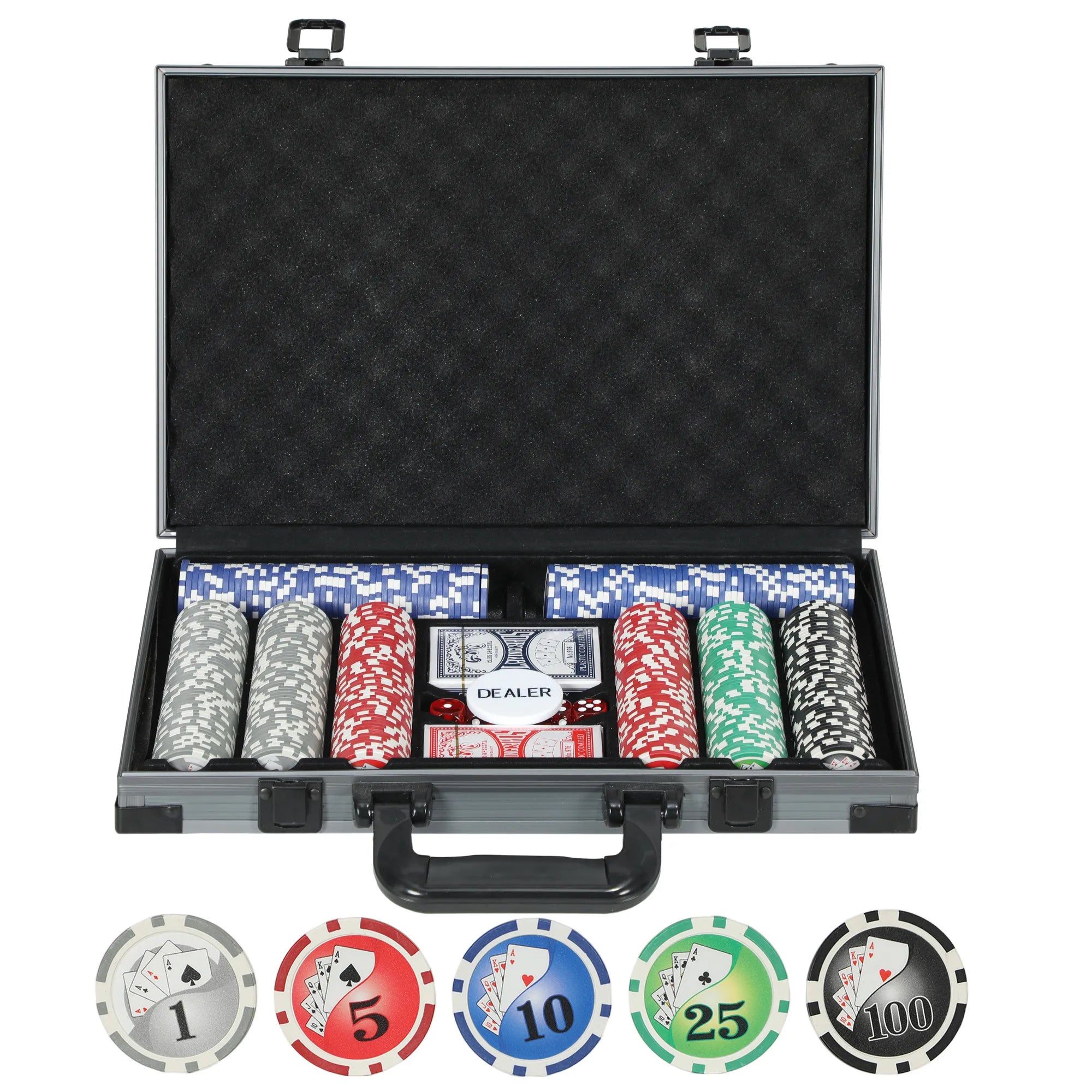 Pokerio rinkinys, pokerio lagaminas, 400 žetonų, 2 kortų kaladės, 5 kauliukai, dalintojo diskas, pagrindas