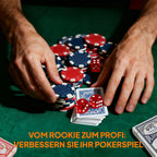 Pokerio rinkinys, pokerio lagaminas, 400 žetonų, 2 kortų kaladės, 5 kauliukai, dalintojo diskas, pagrindas