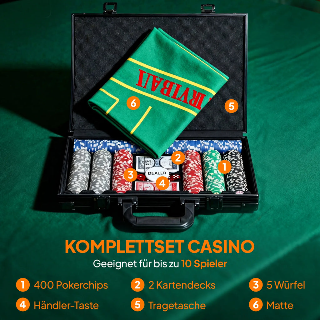 Pokerio rinkinys, pokerio lagaminas, 400 žetonų, 2 kortų kaladės, 5 kauliukai, dalintojo diskas, pagrindas