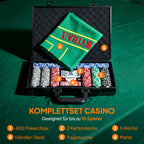 Pokerio rinkinys, pokerio lagaminas, 400 žetonų, 2 kortų kaladės, 5 kauliukai, dalintojo diskas, pagrindas