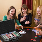 Pokerio rinkinys, pokerio lagaminas, 400 žetonų, 2 kortų kaladės, 5 kauliukai, dalintojo diskas, pagrindas