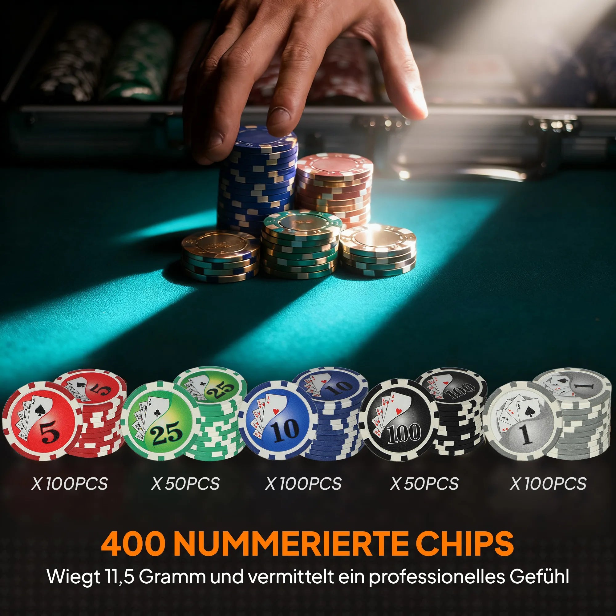 Pokerio rinkinys, pokerio lagaminas, 400 žetonų, 2 kortų kaladės, 5 kauliukai, dalintojo diskas, pagrindas