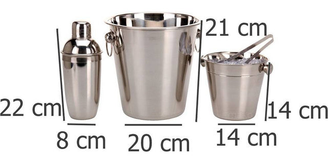 Barmeno rinkinys su stovu buteliams, ledo kibiru, žnyplėmis ir kokteilių plakikliu, 4 dalių, nerūdijančio plieno