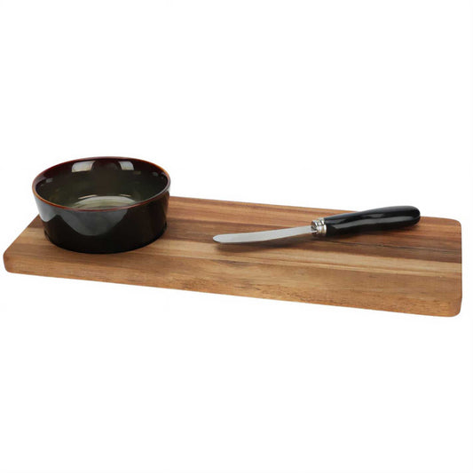 Užkandžių padėklas su keraminiu dubenėliu ir peiliuku, 30×12 cm