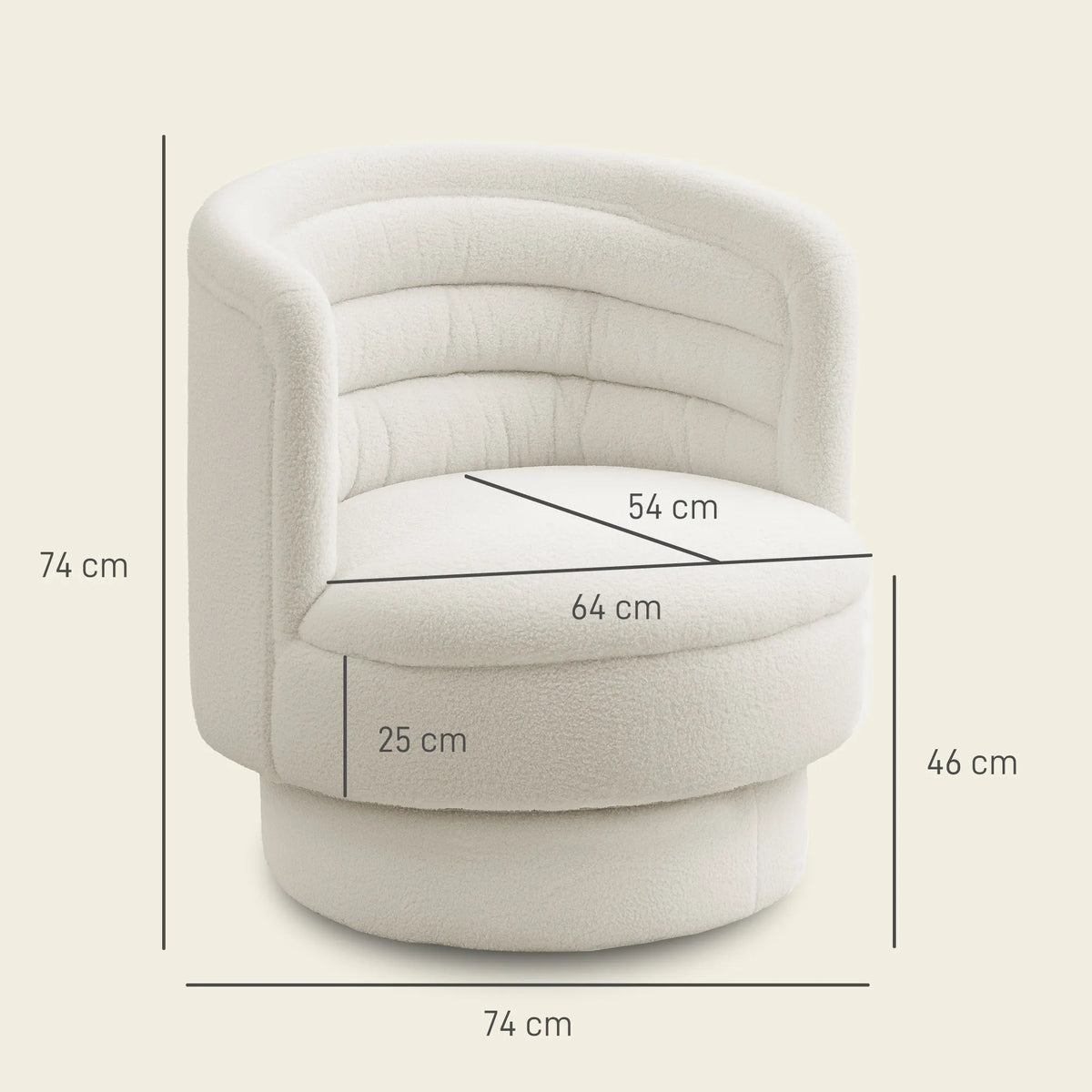 Fotelio matmenų schema: aukštis 74 cm, skersmuo 64 cm