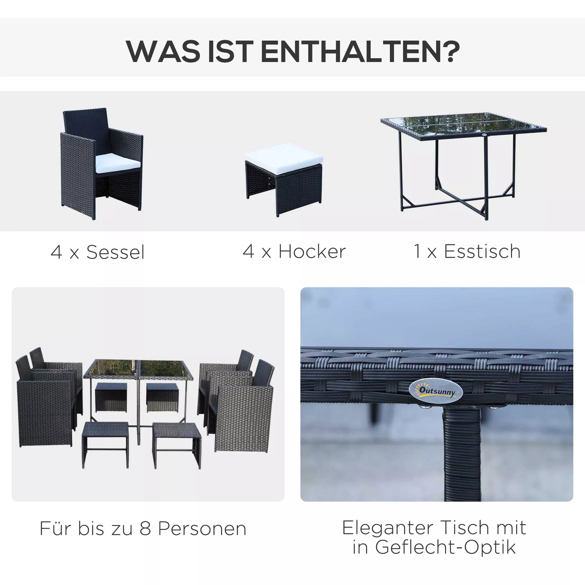 Polyrattan sodo baldų komplektas 8 asmenims, juodas