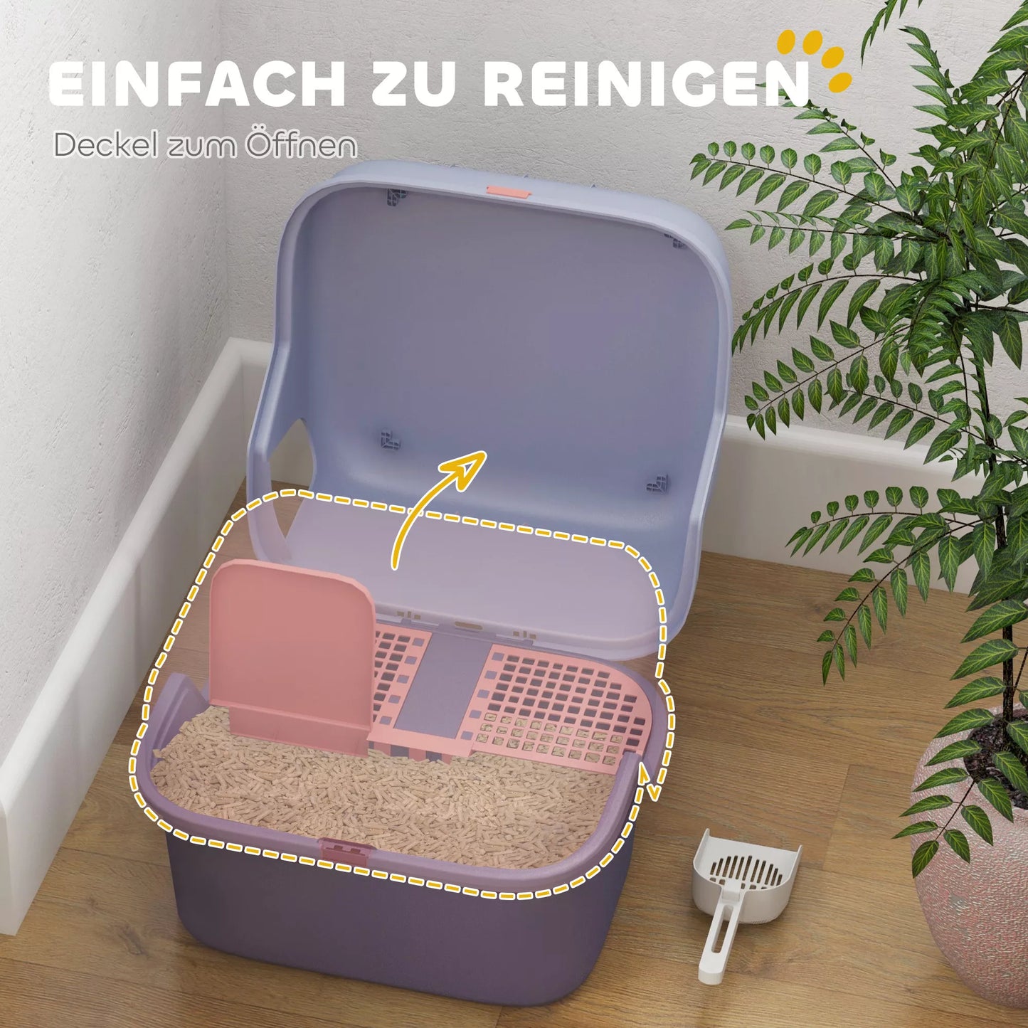 Katės tualetas, katės dėžutė su dangčiu ir semtuvu, lengvai valoma, užrakinama, violetinė