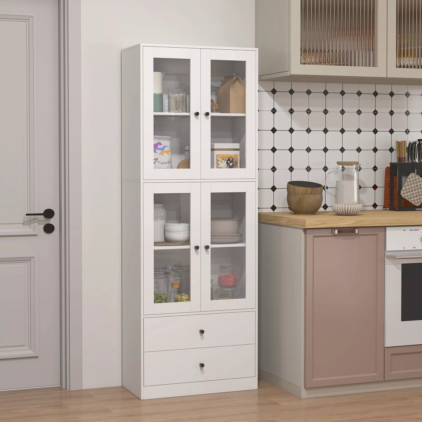 Virtuvės spinta su stalčiais ir stiklinėmis durimis, balta, melamino paviršius