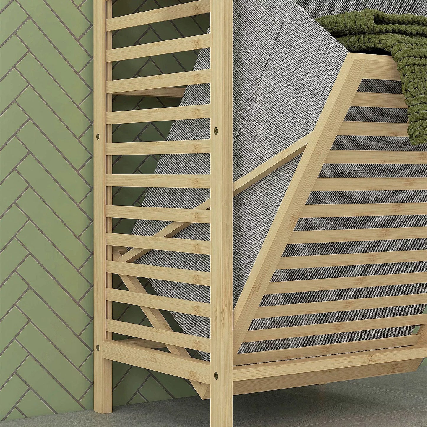 Vonios lentyna su skalbinių surinktuvu, 3 lentynos, bambuko rėmas, 44x33x160cm, natūrali